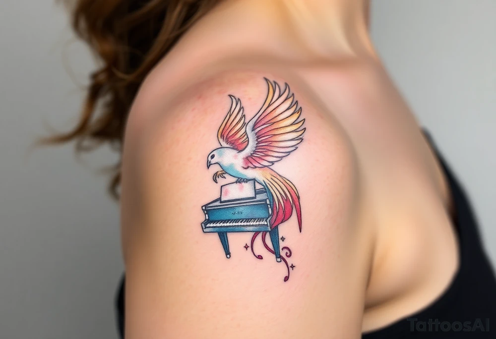 phoenix being reborn from a grand piano under the stars tattoo idea