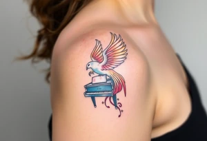 phoenix being reborn from a grand piano under the stars tattoo idea