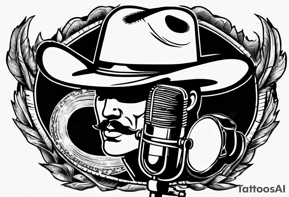 old school broadcast microphone with a cowboy hat on top of it. tattoo idea