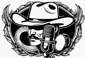 old school broadcast microphone with a cowboy hat on top of it. tattoo idea