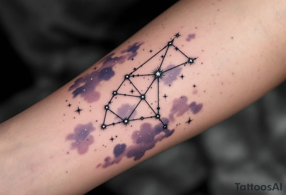 The Sagittarius constellation made of tiny white stars over a background of shaded lavender clouds and faint stardust. tattoo idea