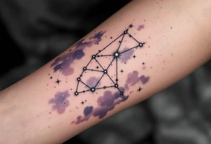 The Sagittarius constellation made of tiny white stars over a background of shaded lavender clouds and faint stardust. tattoo idea