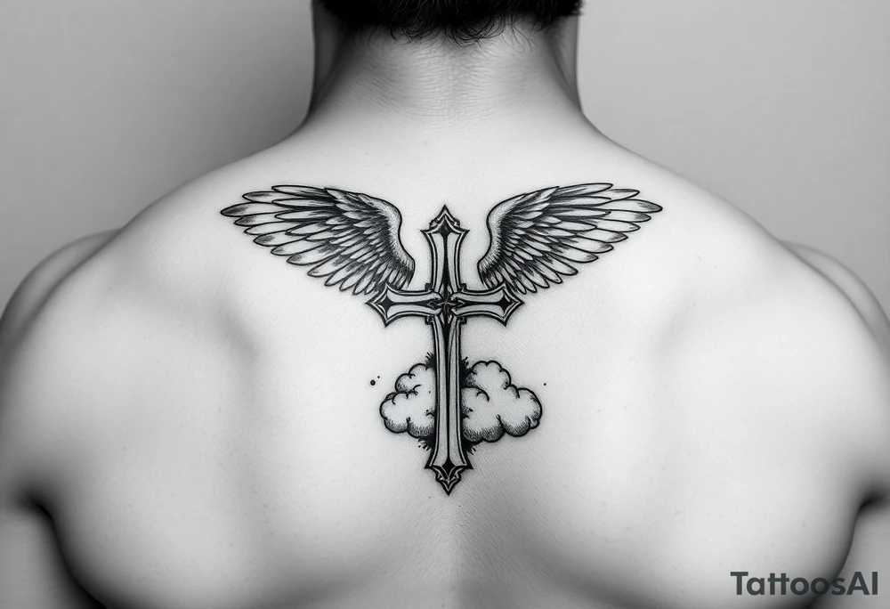 add cross neklace with one angel and some details cloud tattoo idea