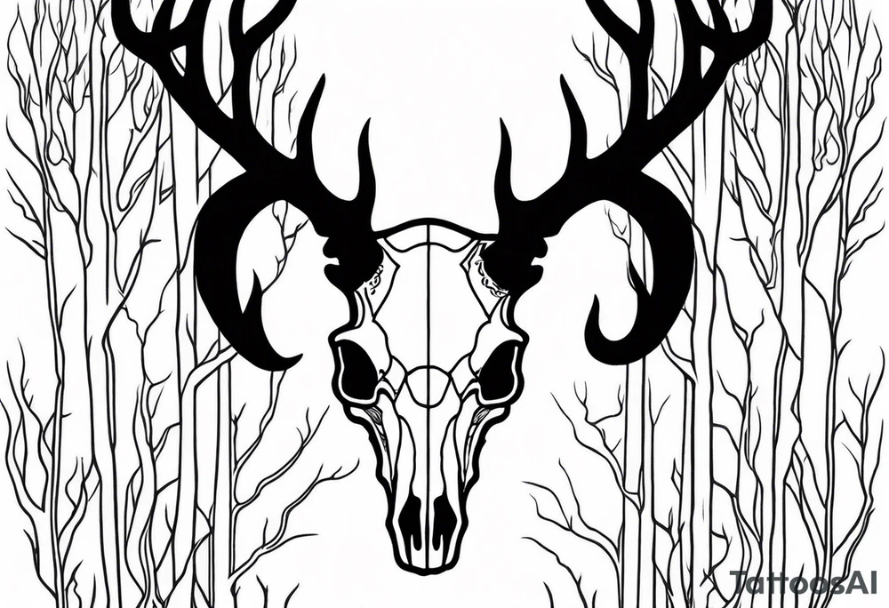 Halloween side profile of a DECAYING deer skull JUST BONE surrounded by a flames and trees in background tattoo idea