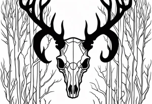 Halloween side profile of a DECAYING deer skull JUST BONE surrounded by a flames and trees in background tattoo idea