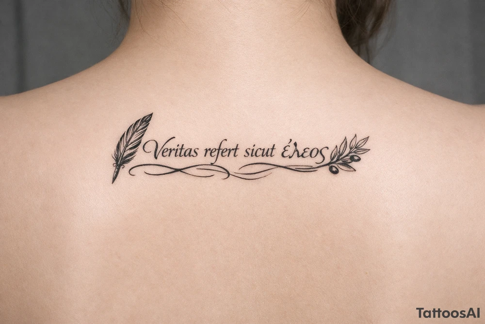 Veritas refert sicut ἔλεος on mid right back with a delicate but clear quill at the beginning and an olive branch at the end and there should be Elegant curvature as a vibe tattoo idea
