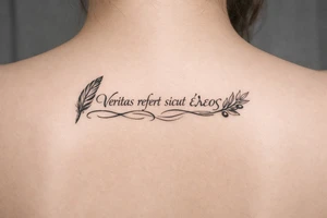 Veritas refert sicut ἔλεος on mid right back with a delicate but clear quill at the beginning and an olive branch at the end and there should be Elegant curvature as a vibe tattoo idea