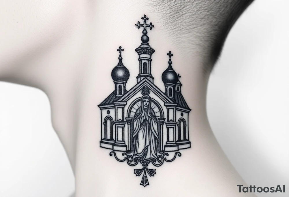 medium traditional russian orthodox church with russian coat arms and virgin mary on the side of your neck tattoo idea