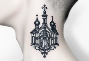 medium traditional russian orthodox church with russian coat arms and virgin mary on the side of your neck tattoo idea