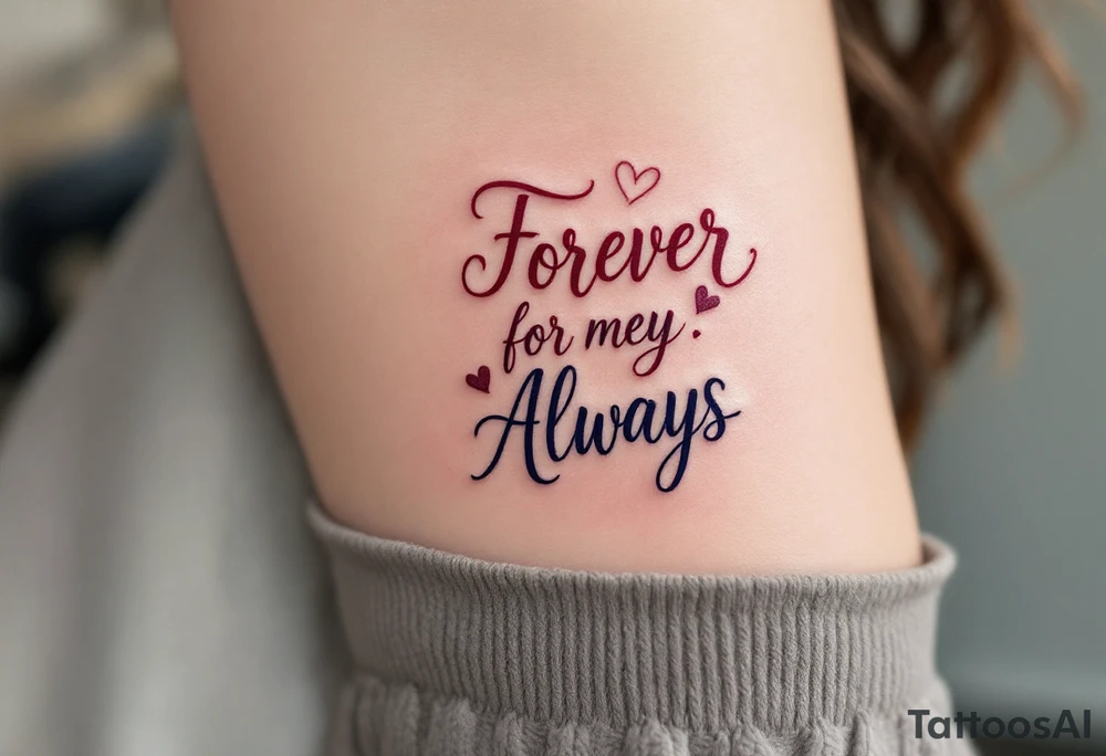 Elegant script “Forever” in burgundy for her and “Always” in navy for him inked over the heart show eternal devotion. tattoo idea