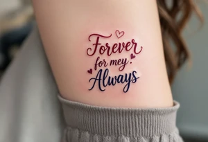 Elegant script “Forever” in burgundy for her and “Always” in navy for him inked over the heart show eternal devotion. tattoo idea