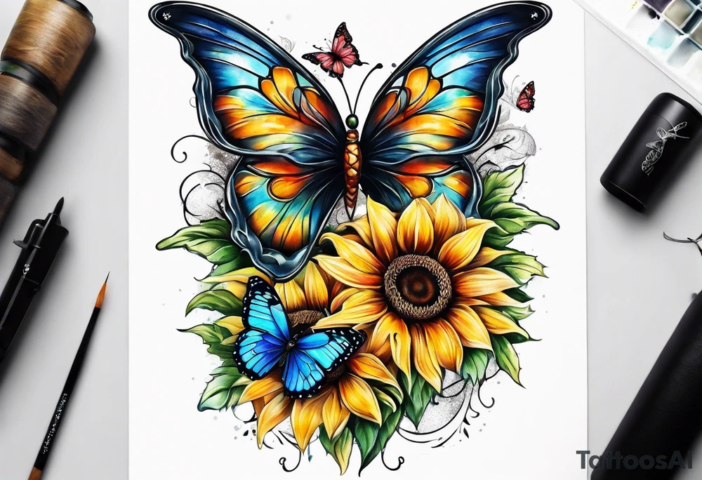 Winged cross with sunflower flowers and butterflies calf sleeve tattoo idea