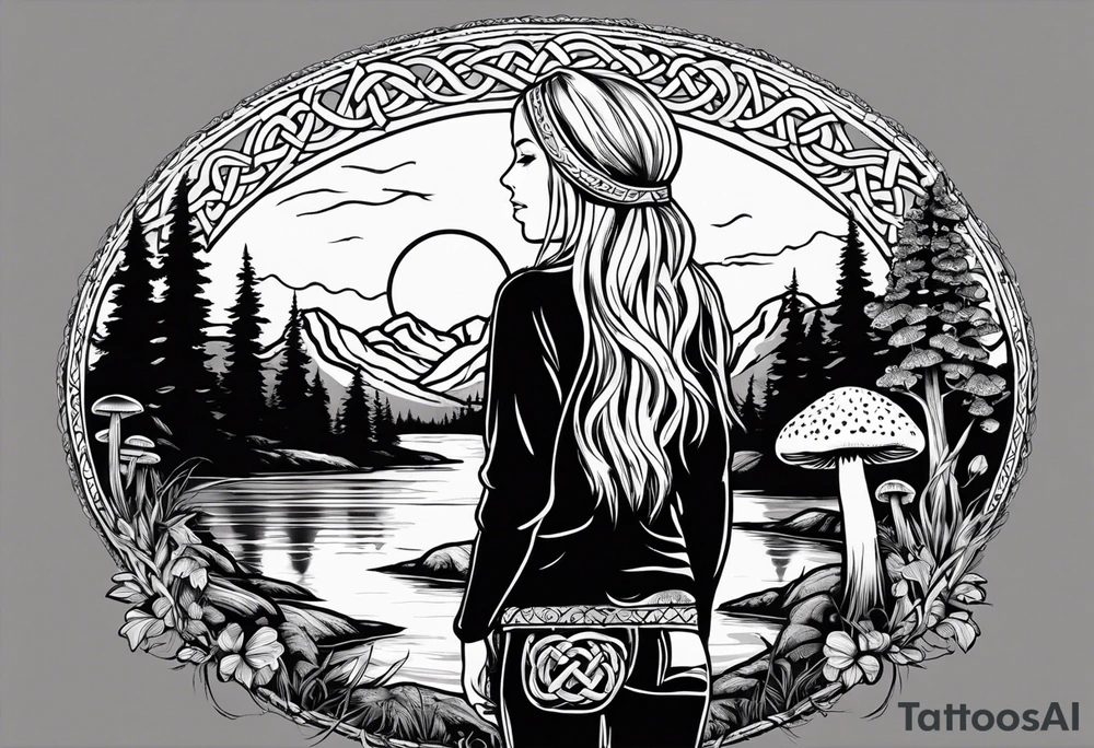 Whole picture encircled fully

Straight long blonde hair hippie girl in distance holding mushrooms in hand facing away toward mountains and creek surrounded by mushrooms long sleeve shirt and hiking pants; whole rendering within a full celtic circle, no cut off circle tattoo idea