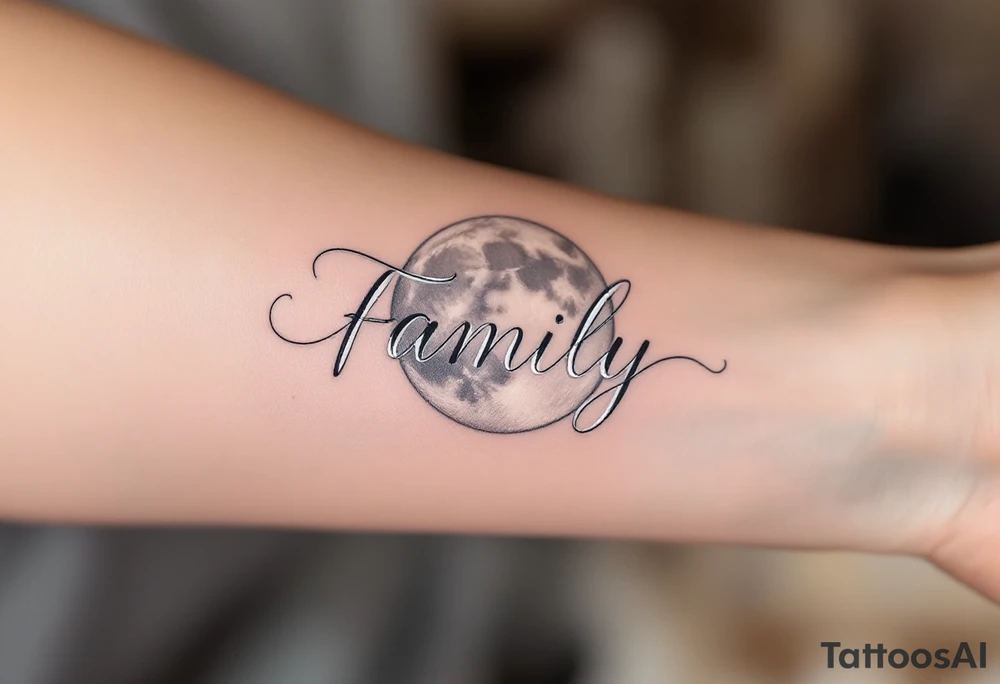 Word Family drawn in white ink over a soft gray moon, symbolizing everlasting connection. tattoo idea