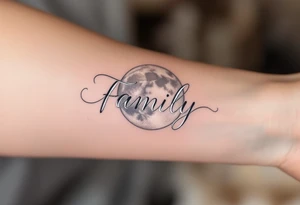 Word Family drawn in white ink over a soft gray moon, symbolizing everlasting connection. tattoo idea