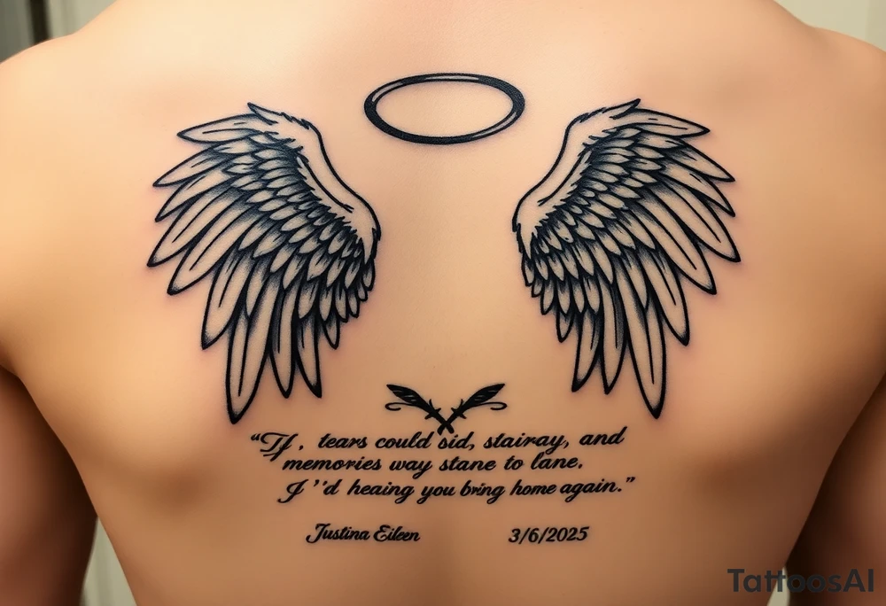 A semicolon intertwined with angel wings and a halo. At the bottom add this quote "If tears could build a stairway, and memories a lane, I'd walk right up to heaven and bring you home again." And also add my mother's name somewhere (Justina Eileen) and these dates 7/10/1984 - 3/6/2025 tattoo idea