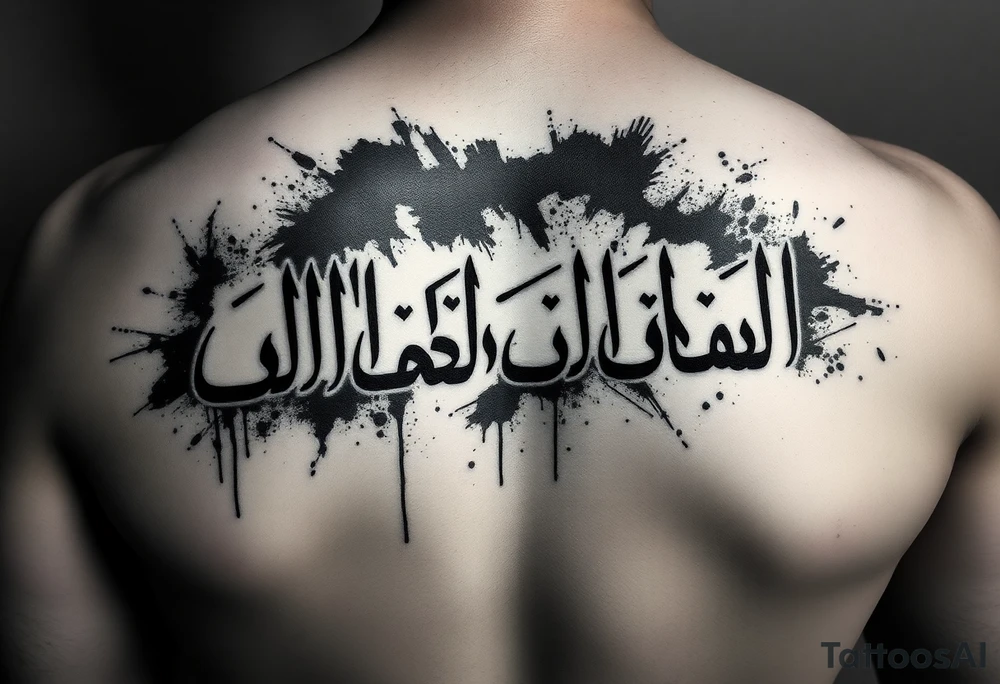 Dark surrealism style tattoo. The phrase "لا فتی الا علی لا سیف الا ذوالفقار" emerging from shadows and ink splatters. Gritty texture, charcoal sketch style, dramatic depth. The calligraphy looks sharp and dangerous, like cold steel. Gothic influence, powerful energy, heavy shading, masterpiece quality. tattoo idea