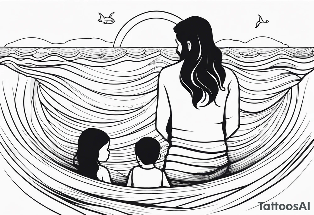 Black and white, single needle, minimal Line work tattoo with a dad and his two toddler daughters in the ocean. tattoo idea