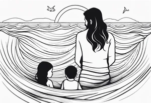 Black and white, single needle, minimal Line work tattoo with a dad and his two toddler daughters in the ocean. tattoo idea