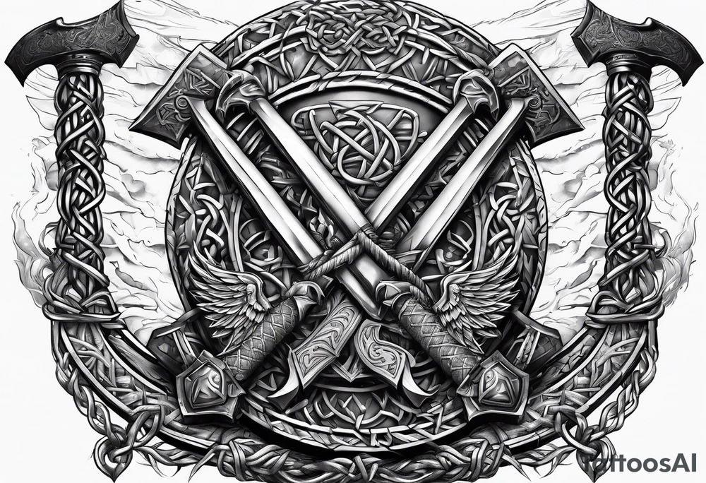Valhalla sword shield axe Valknut barbed wire chains tattoo idea Valhalla sword shield axe Valknut barbed wire chains tattoo idea