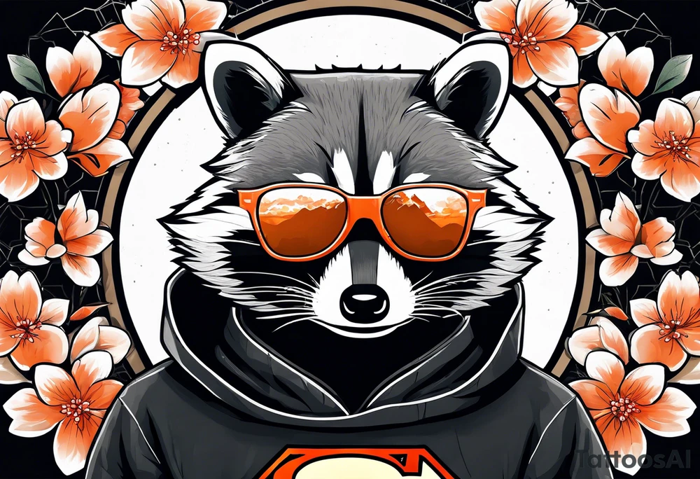 Raccoon wearing a white Superman logo on a black hoodie and orange Japanese cherry blossoms tattoo idea