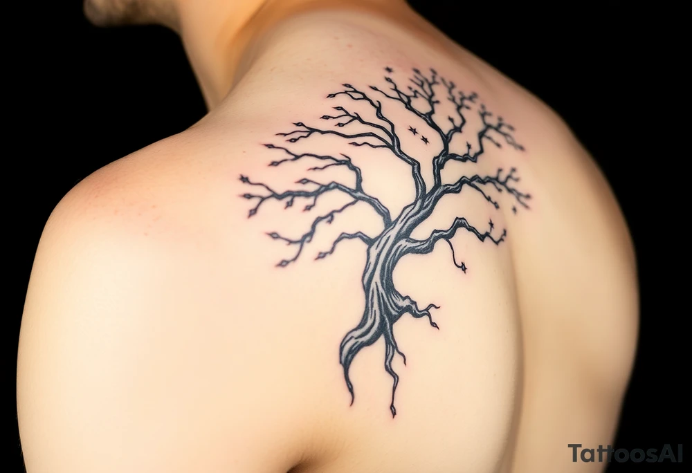 Large Flowing asymmetrical symbolic tree quarter sleeve on shoulder that extends down arm and onto back and chest. Bold and simple branches that do not look realistic. Tree of gondor with seven stars tattoo idea
