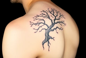 Large Flowing asymmetrical symbolic tree quarter sleeve on shoulder that extends down arm and onto back and chest. Bold and simple branches that do not look realistic. Tree of gondor with seven stars tattoo idea