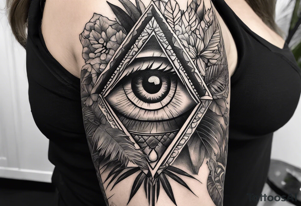 full arm sleeve, jungle plants, all-seeing eye tattoo idea