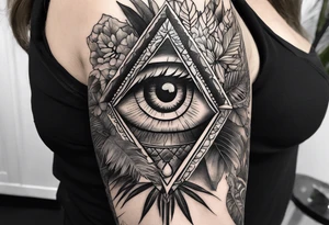 full arm sleeve, jungle plants, all-seeing eye tattoo idea