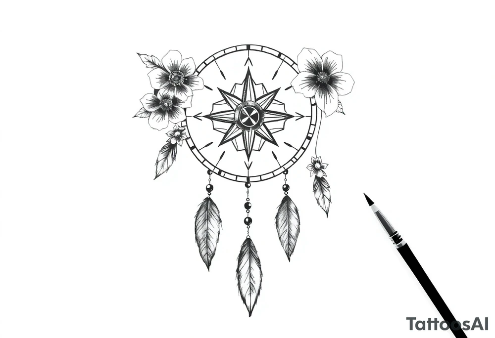 dream catcher with compass and anchor Beautiful flowers and boho like look tattoo idea