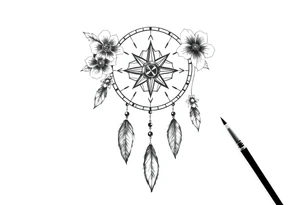 dream catcher with compass and anchor Beautiful flowers and boho like look tattoo idea