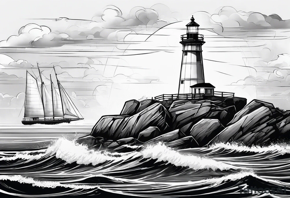 maritime lighthouse partially hidden by its  large fixed sails. tattoo idea