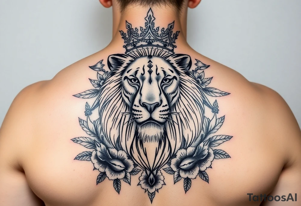 powerful majestic lion with a crown, surrounded by floral ornaments and birds tattoo idea