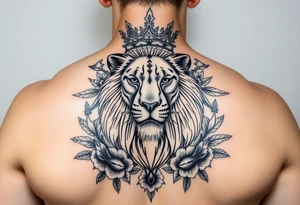 powerful majestic lion with a crown, surrounded by floral ornaments and birds tattoo idea