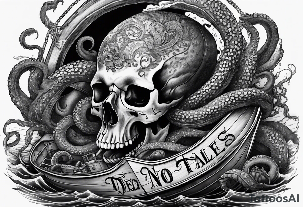 realistic and intricate depiction of the Kraken breaking a boat. Tentacles wrapping around the arm and interacting with a detailed skull.
"Dead men" text above the skull and "Tell no tales" below the skull. tattoo idea