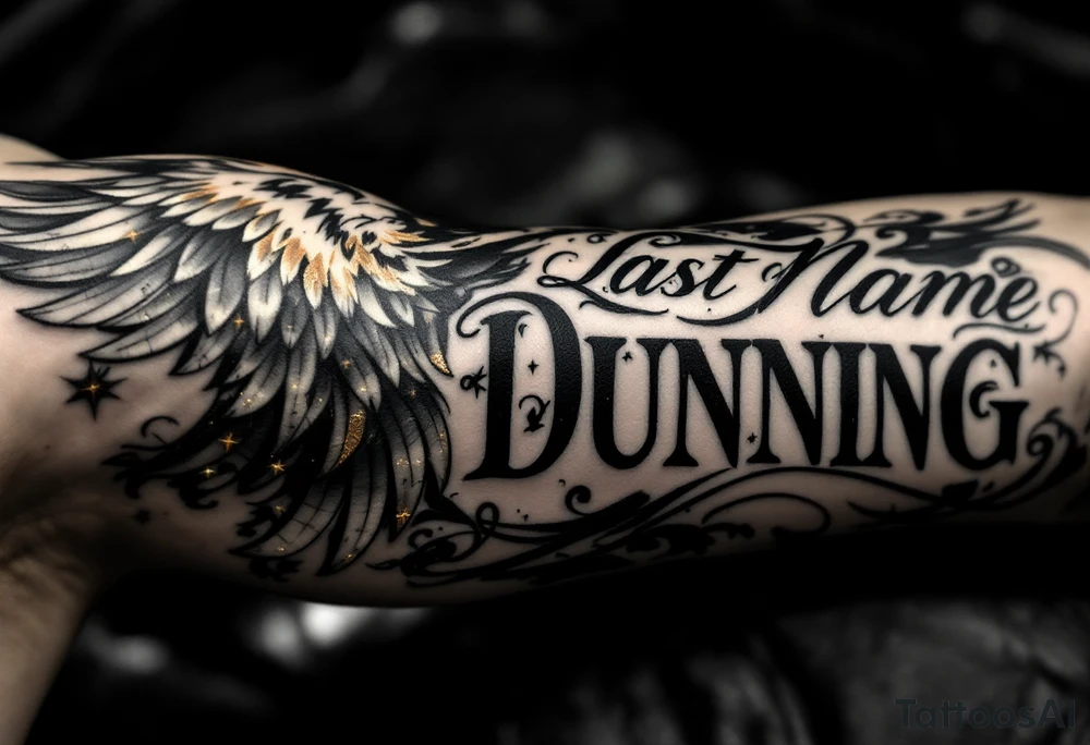 Last name Dunning on left arm,details include bold strong font, faint gold highlights, theme of wealth,angel wing tattoo idea