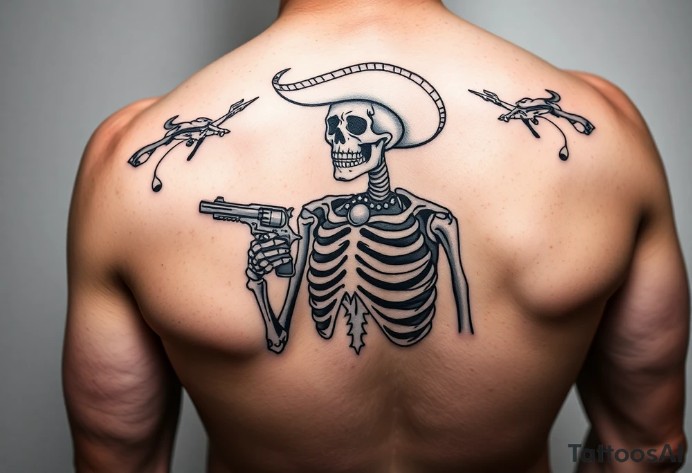Skeleton charro with pistol tattoo idea