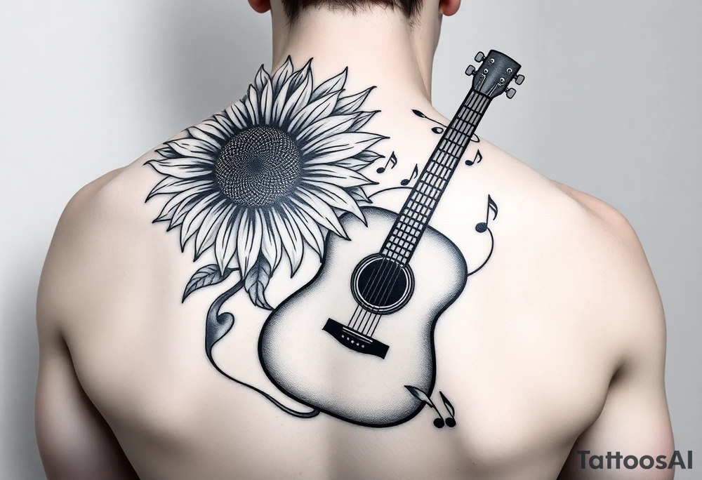 sunflower with a guitar behind at an angle with music notes flowing through and a microphone tattoo idea