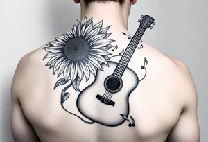 sunflower with a guitar behind at an angle with music notes flowing through and a microphone tattoo idea