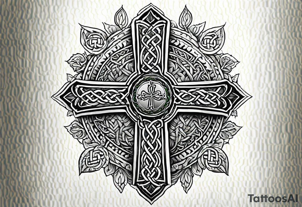 Celtic cross, shamrock in center of cross, one Indian feather hanging from each side arm of cross tattoo idea