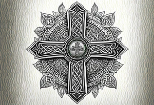 Celtic cross, shamrock in center of cross, one Indian feather hanging from each side arm of cross tattoo idea