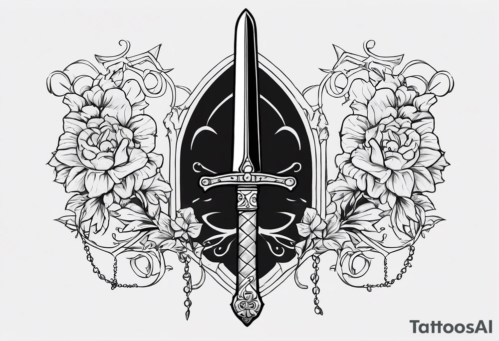 Sketch of a sword in gothic style with added creepy elements and the inscription “get rich” tattoo idea