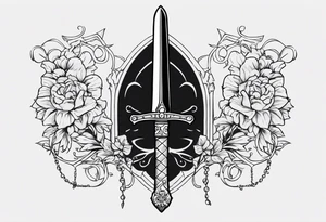 Sketch of a sword in gothic style with added creepy elements and the inscription “get rich” tattoo idea