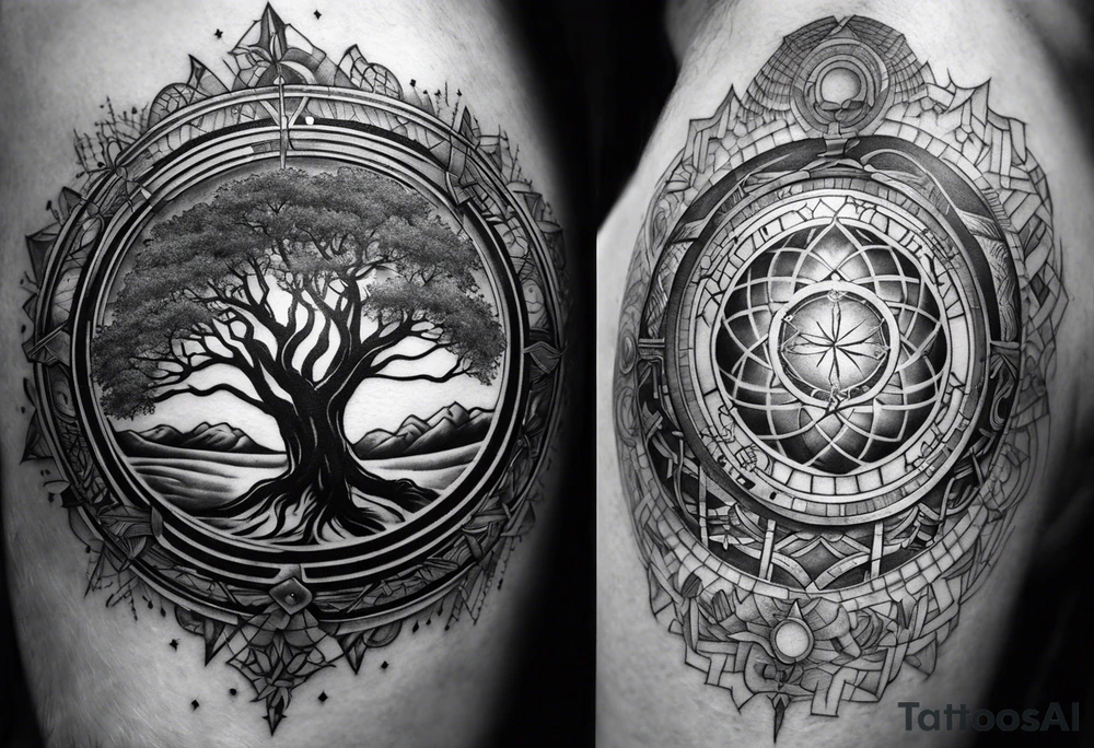 very masculine tattoo about creation including atlas carrying world, vitruvian man, touch of god and tree of life and fibonacci spiral for forearm tattoo idea