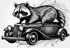 raccoon making sparks with boosting cable with a car batterie tattoo idea