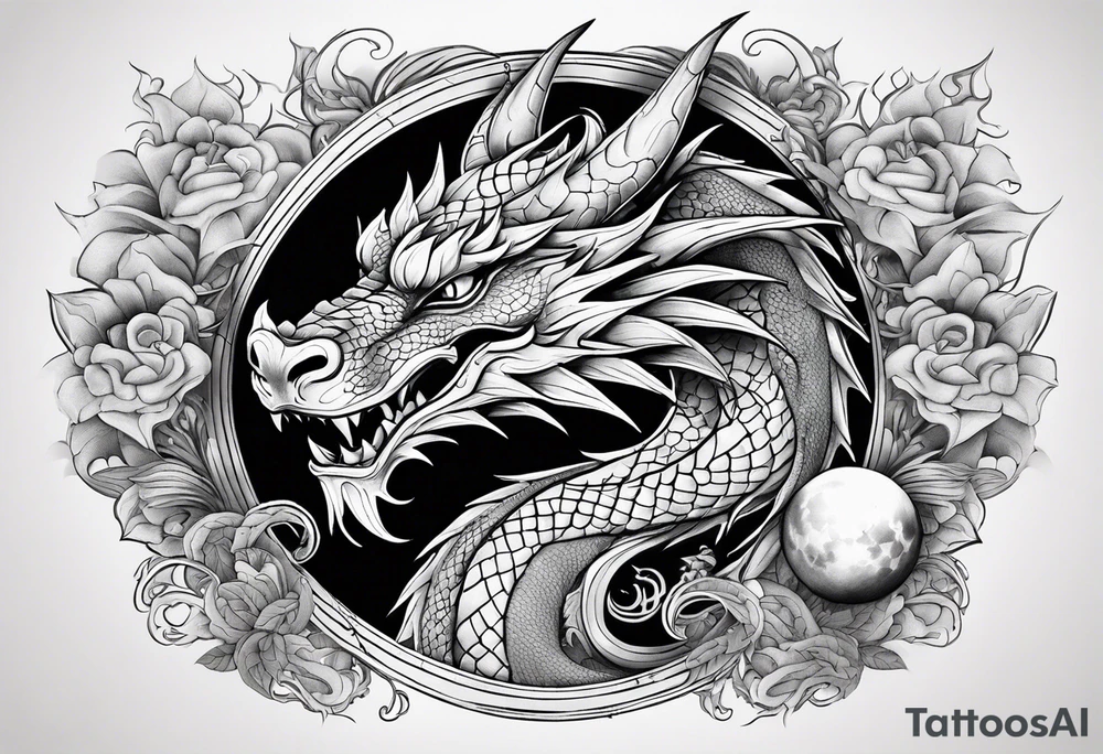 Dragon with Seven number format with full moon on background tattoo idea
