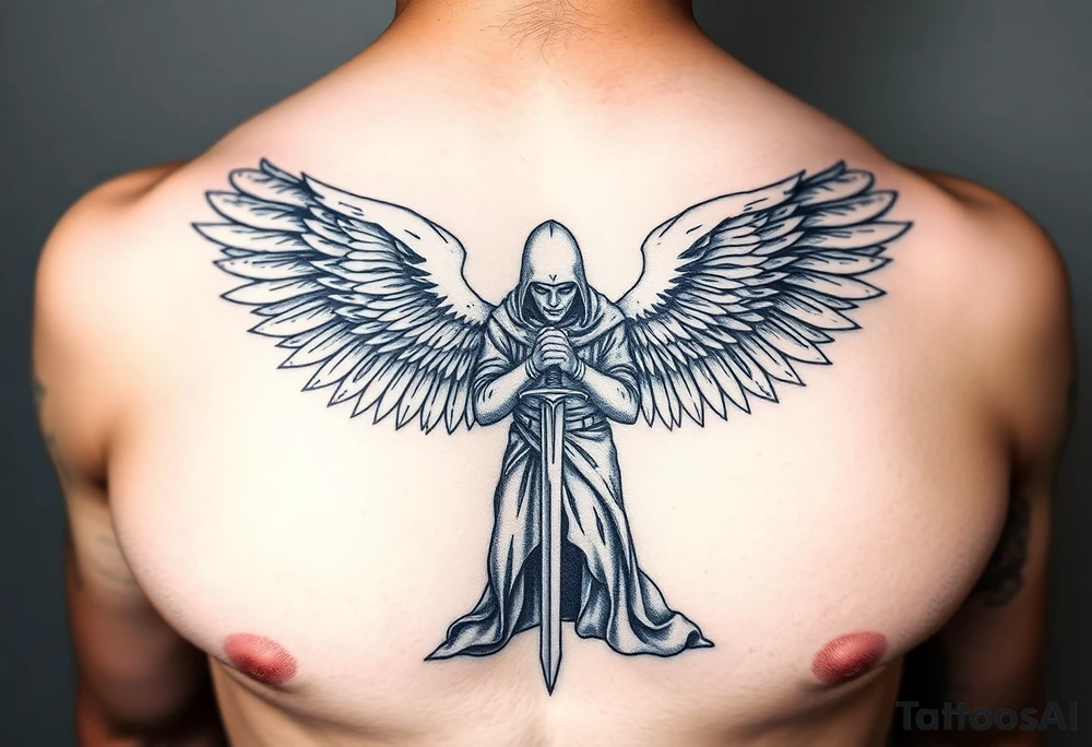 Soldier Angel with long sword kneeling looking down cloak over head wings spread tattoo idea, upper chest tattoo idea