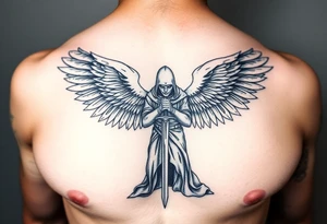 Soldier Angel with long sword kneeling looking down cloak over head wings spread tattoo idea, upper chest tattoo idea