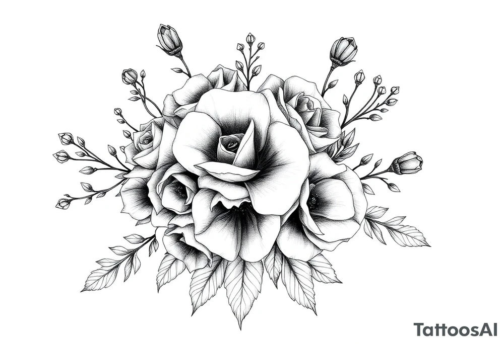 vintage bouquet of wild roses and meadow flowers with morning dew tattoo idea