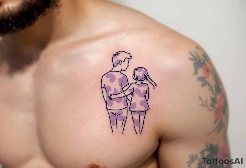 A fine-line tattoo of a father and daughter embracing, filled with soft lavender and blush tones. tattoo idea
